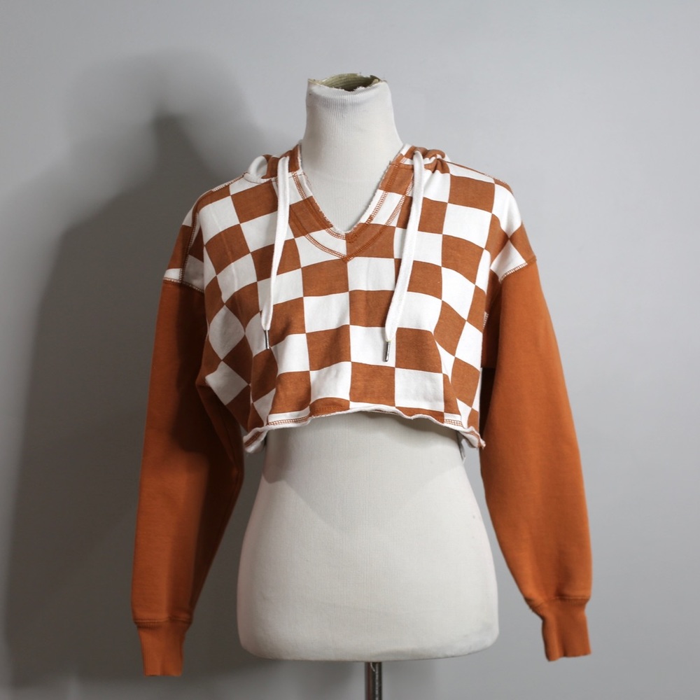 Urban Outfitters Cropped Checked Sweatshirt Womens Small Hooded Hoodie